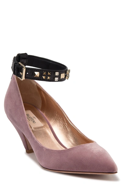 Shop Valentino Studded Velvet Ankle Strap Pump In Antique Rose/nero