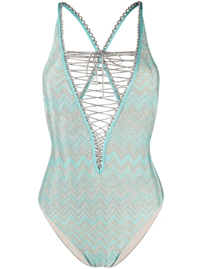 Shop Missoni Zigzag-print Lace-up Swimsuit In Blue