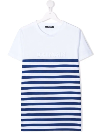 Shop Balmain Teen Striped Cotton T-shirt In White