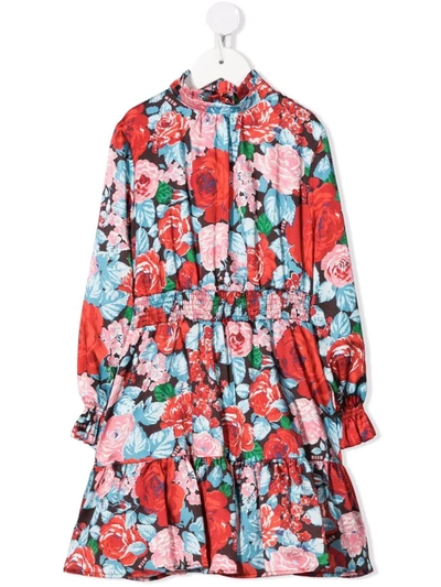 Shop Msgm Floral-print Long-sleeve Dress In Red