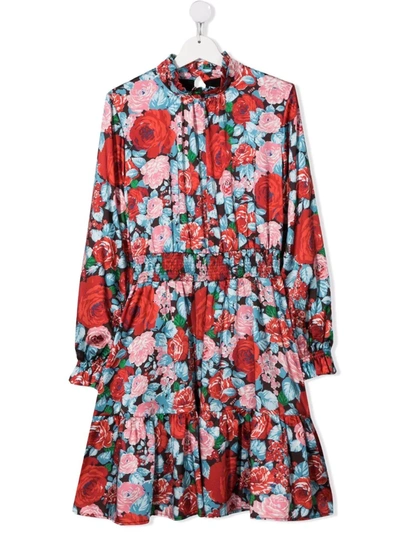 Shop Msgm Teen Floral-print Long-sleeve Dress In Red