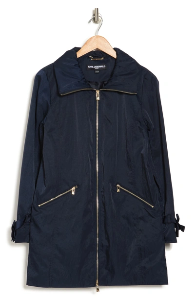 Shop Karl Lagerfeld Bow Sleeve Packable Rain Jacket In Navy