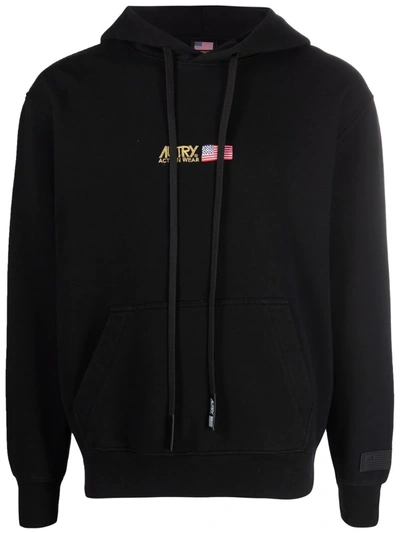 Shop Autry Embroidered Logo Cotton Hoodie In Black