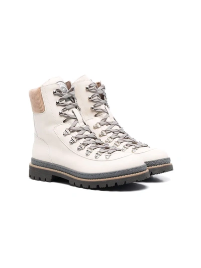 Shop Brunello Cucinelli Teen Ankle-length Lace-up Leather Boots In Neutrals
