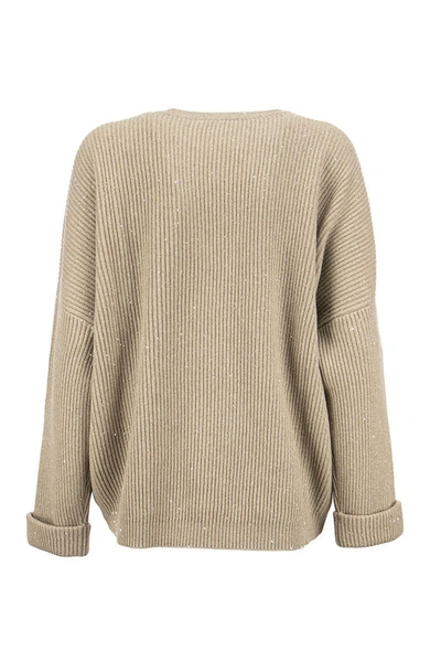 Shop Brunello Cucinelli Dazzling & Sparkling Cashmere And Wool Rib Sweater With Breast Pocket In Nut