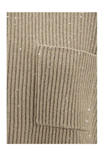 Shop Brunello Cucinelli Dazzling & Sparkling Cashmere And Wool Rib Sweater With Breast Pocket In Nut