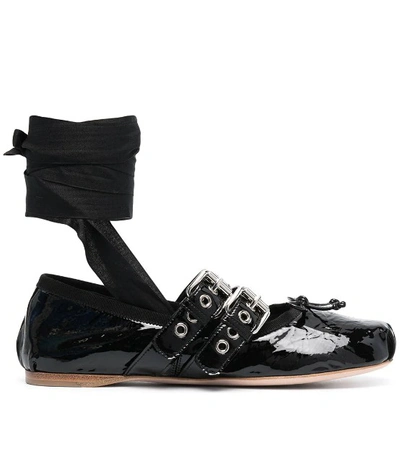 Shop Miu Miu Belt-detail Patent Leather Ballerinas In Black