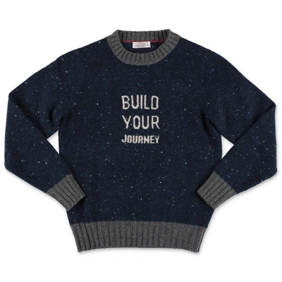 Shop Brunello Cucinelli Kids Slogan Intarsia Knit Jumper In Navy