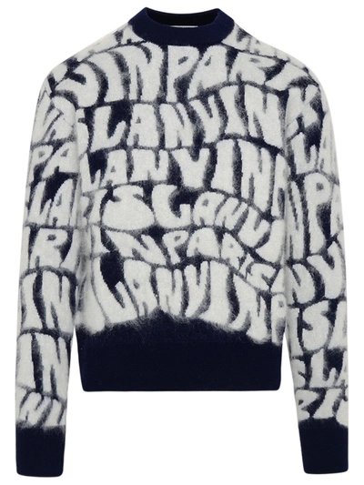 Shop Lanvin Two-tone Wool Blend Inlay Pullover In Navy