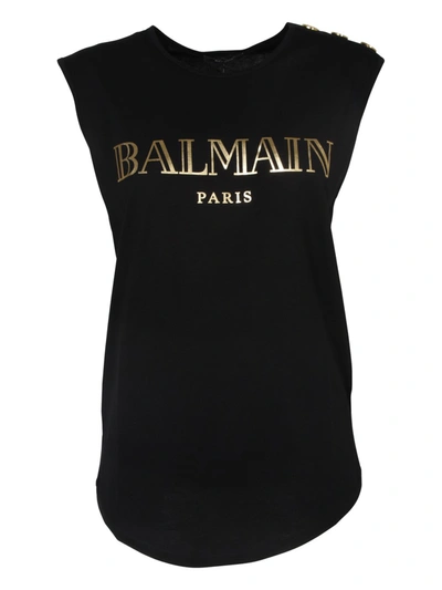 Shop Balmain Logo Printed Button Detail Tank Top In Black