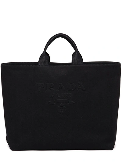 Shop Prada Black Drill Embossed-logo Tote Bag