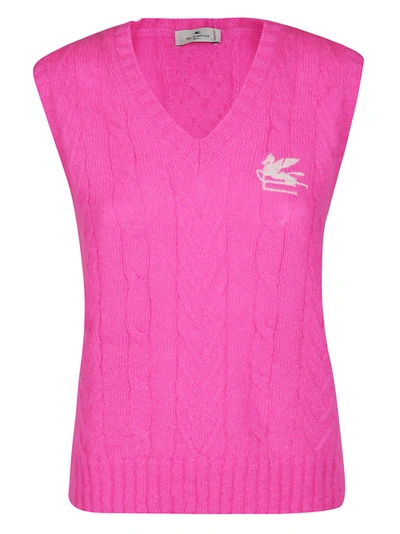 Shop Etro Logo Embroidered Cable Knit Vest In Pink