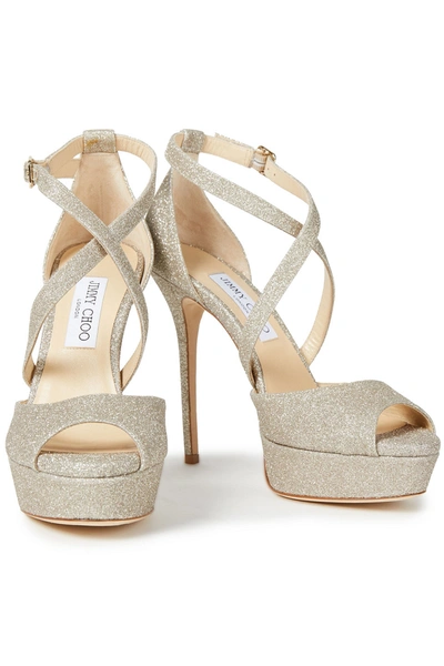 Jimmy Choo Jenique 125 Glittered Faux Leather Platform Sandals In Platinum