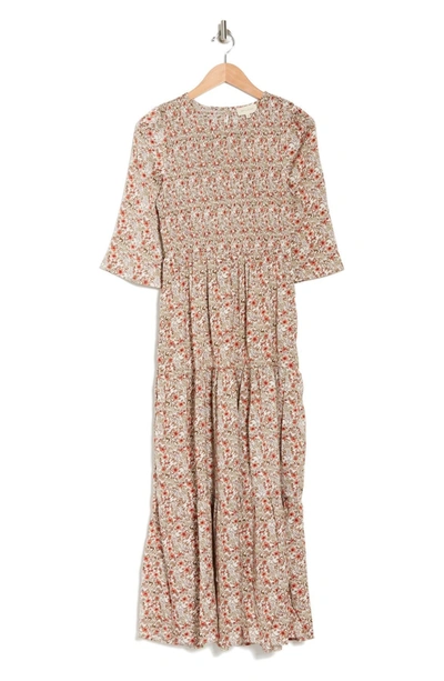 Shop Melloday Smocked 3/4 Sleeve Tiered Maxi Dress In Pristine Floral