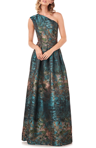 Shop Kay Unger Cara Metallic Jacquard One-shoulder Gown In Teal Multi