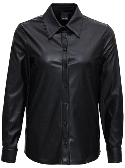 Shop Pinko Classic Collar Leather Shirt In Black