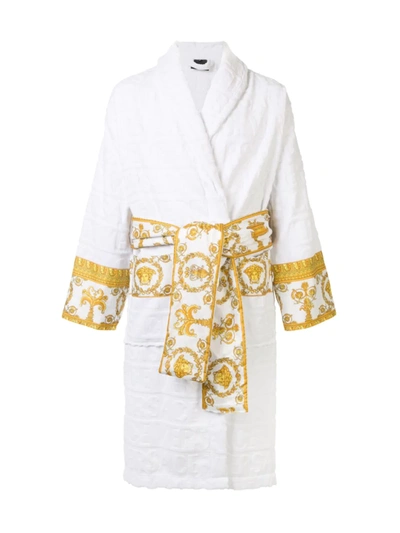 Shop Versace Barocco Trim Bathrobe In White