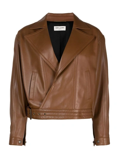 Shop Saint Laurent Oversized Leather Biker Jacket In Brown