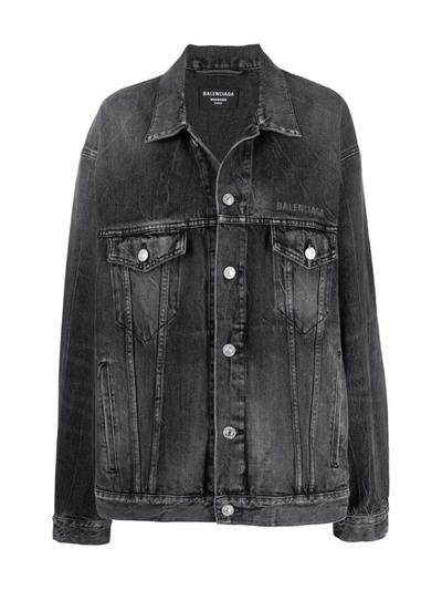 Shop Balenciaga Smiley-face Print Denim Jacket In Black