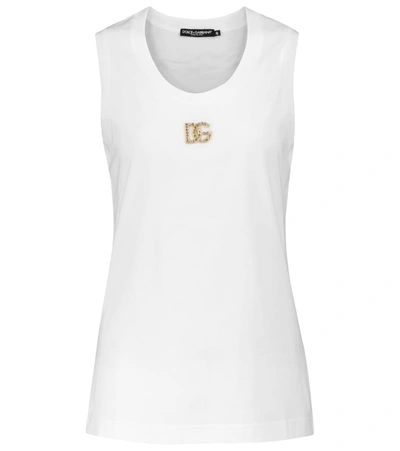 Shop Dolce & Gabbana Embellished-logo Cotton Tank Top In White