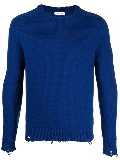 Shop Saint Laurent Distressed-effect Crew Neck Jumper In Blue