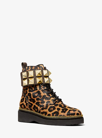 Shop Michael Kors Haskell Studded Printed Calf Hair Combat Boot In Brown