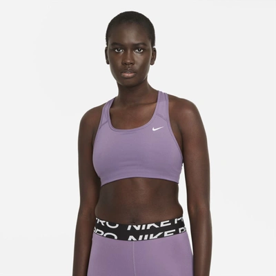 Shop Nike Dri-fit Swoosh Women's Medium-support Non-padded Sports Bra In Amethyst Smoke,white