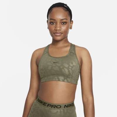 Nike Pro Dri-fit Swoosh Women's Medium-support Leopard Sports Bra In Medium  Olive,clear