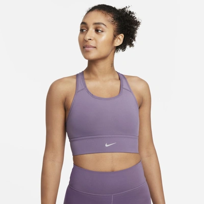 Shop Nike Dri-fit Swoosh Women's Medium-support 1-piece Padded Longline Sports Bra In Amethyst Smoke,white