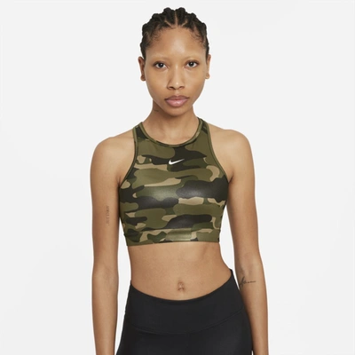 Shop Nike Swoosh Womenâs Medium-support 1-piece Pad High-neck Sports Bra In Medium Olive,black,white