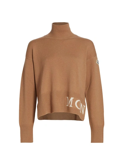 Shop Moncler Logo Cashmere & Wool Mockneck Sweater In Camel