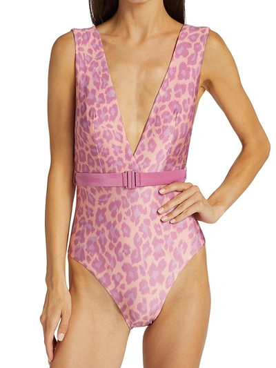 Shop Zimmermann Plunge Buckle One-piece Swimsuit In Pink Leopard