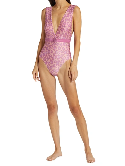 Shop Zimmermann Plunge Buckle One-piece Swimsuit In Pink Leopard