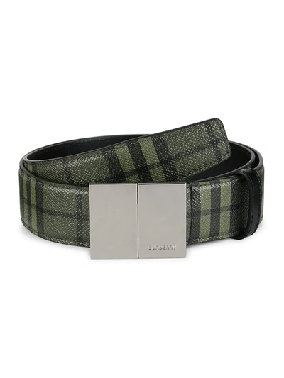 Shop Burberry Check Leather Belt In Military Green