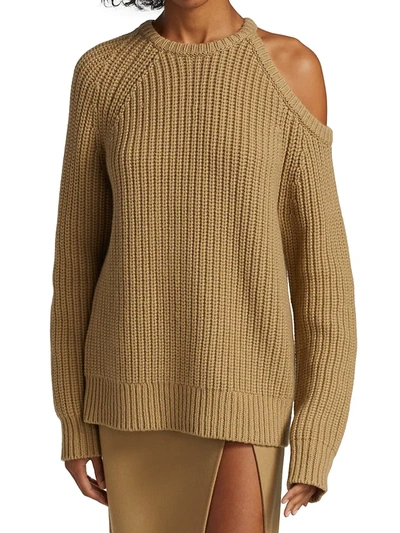 Shop Michael Kors Ribbed Cashmere Cutout Sweater In Barley