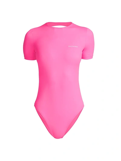 Shop Balenciaga Short Sleeve One-piece Swimsuit In Fuxia