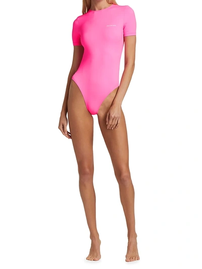 Shop Balenciaga Short Sleeve One-piece Swimsuit In Fuxia