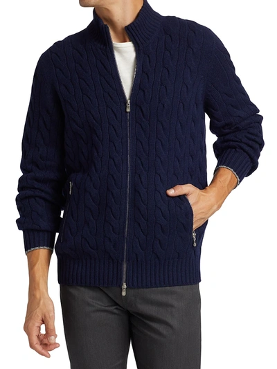 Shop Brunello Cucinelli Cable Knit Zip Cardigan In Blue