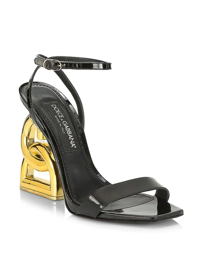 Shop Dolce & Gabbana Women's Logo-heel Leather Ankle-strap Sandals In Nero