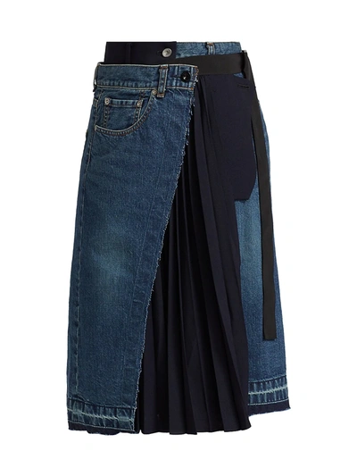 Shop Sacai Contrast Panel Denim Skirt In Blue