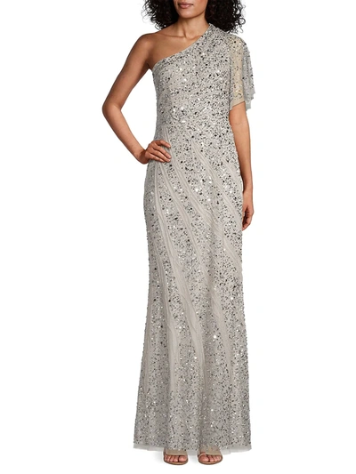 Shop Aidan Mattox Women's Beaded Asymmetric Gown In Silver