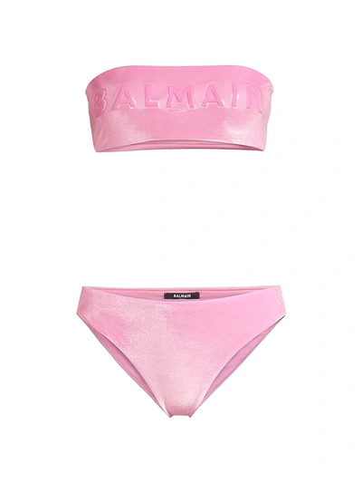 Shop Balmain Velvet Bandeau & Brief Set In Light Pink