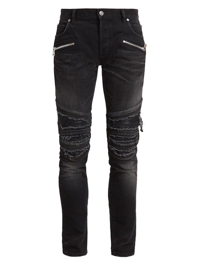 Shop Balmain Men's Distressed Moto Skinny Jeans In Noir Delave