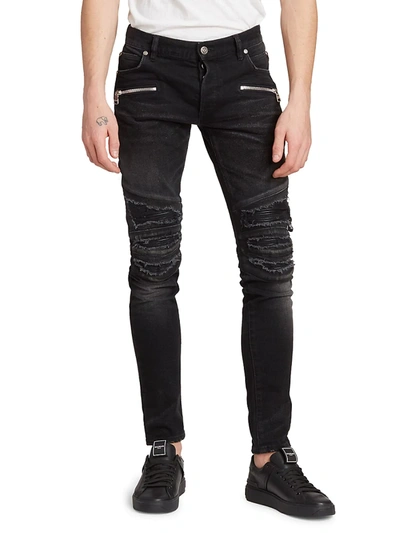 Shop Balmain Men's Distressed Moto Skinny Jeans In Noir Delave