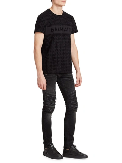 Shop Balmain Men's Distressed Moto Skinny Jeans In Noir Delave