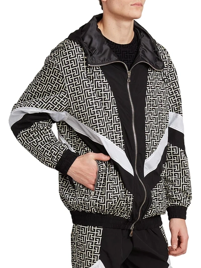 Shop Balmain Men's Hooded Logo Track Jacket In Ivory Black