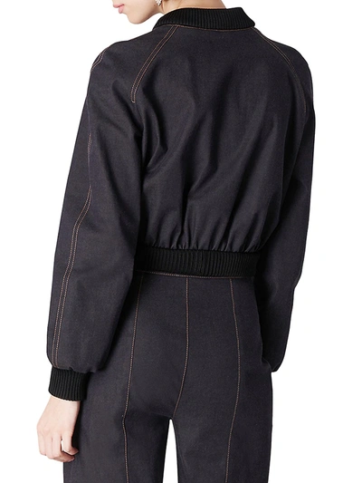 Shop Carolina Herrera Cropped Denim Bomber Jacket In Dark Navy