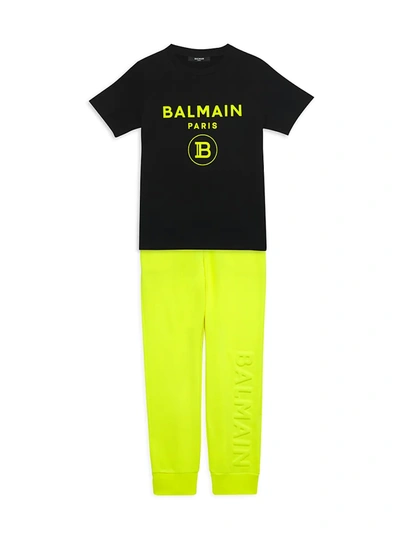 Shop Balmain Little Boy's & Boy's Heritage Logo-embossed Cotton Sweatpants In Yellow