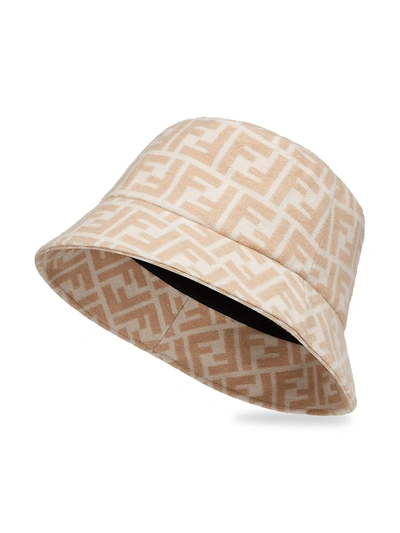 Shop Fendi Women's Logo-print Stretch Wool Bucket Hat In Camel