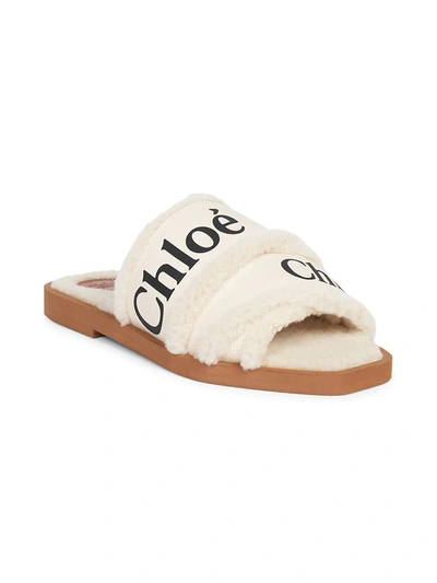 Shop Chloé Women's Woody Shearling-trim Flat Sandals In White